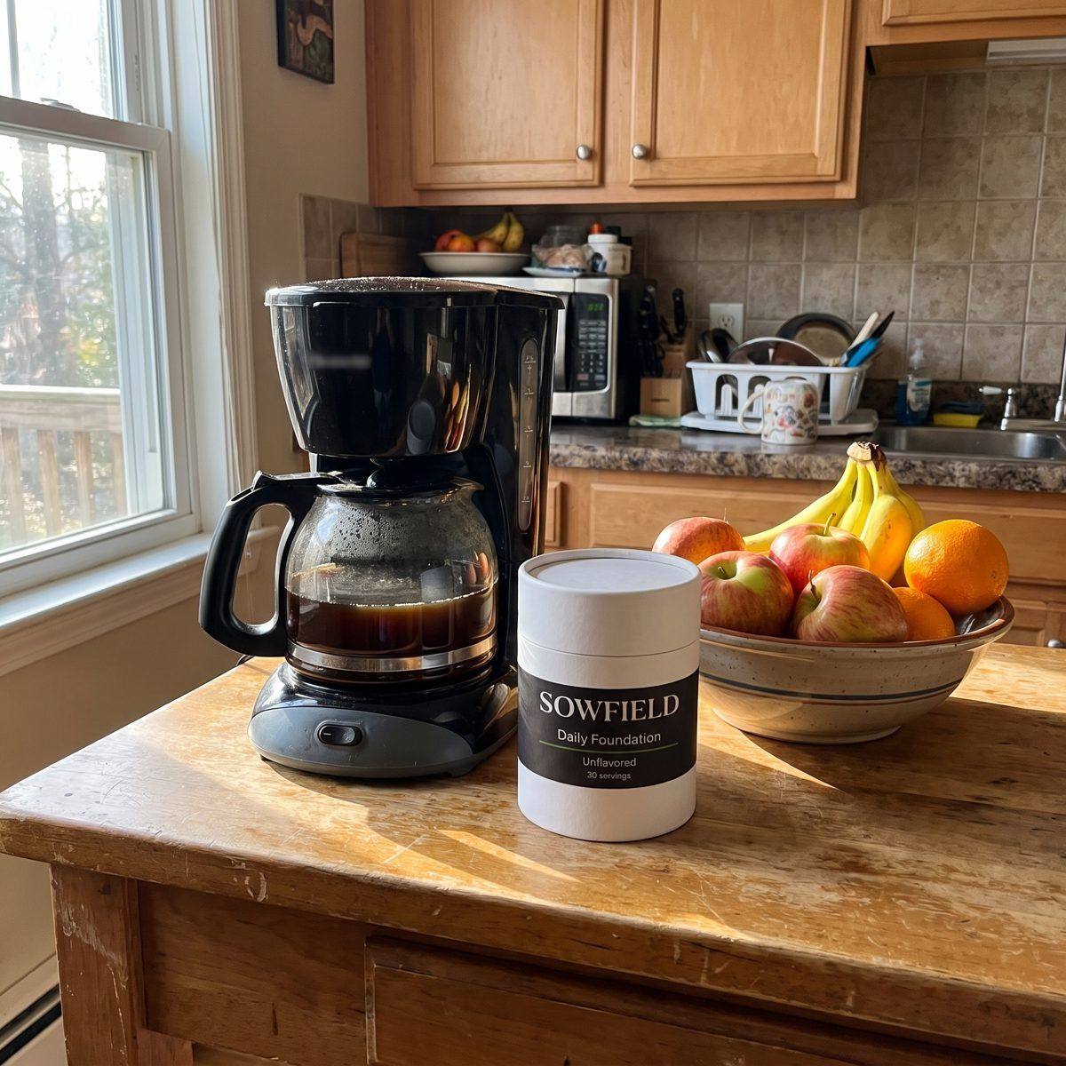 Sowfield canister on a kitchen counter