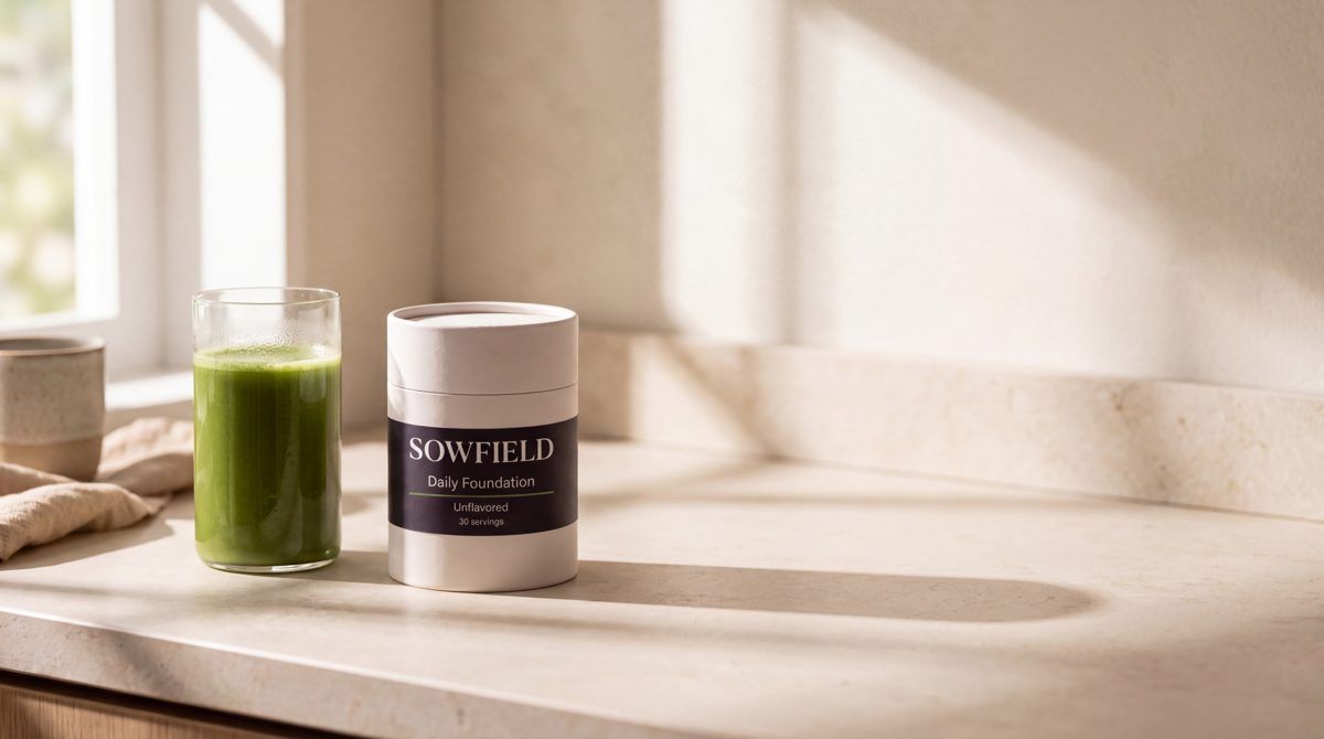 Sowfield demo store: a Daily Foundation canister and a green drink on a kitchen counter