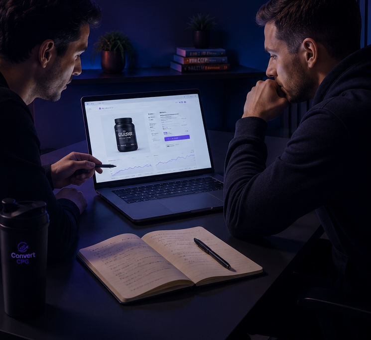 Two people reviewing a product page